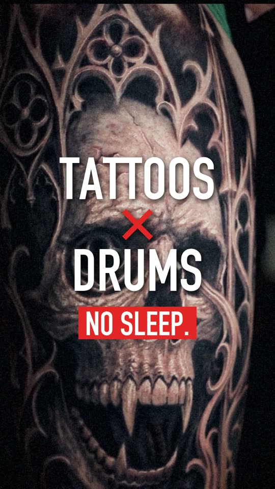 Example cover: a gothic skull tattoo with the words Tattoos x Drums, No Sleep