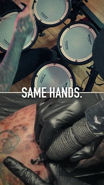 Split-screen frame: drumsticks above, a tattoo machine below, captioned Same Hands
